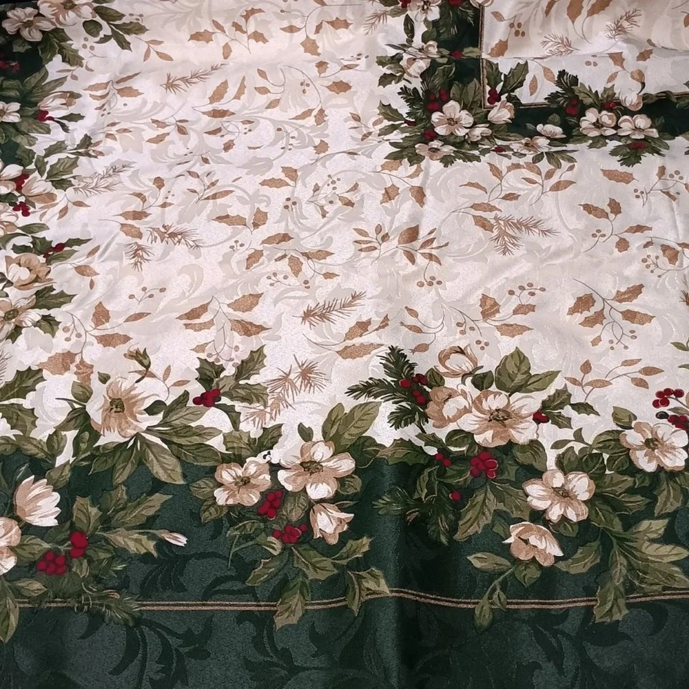 Vintage Table Cloth Luxury Holiday Christmas Floral Holly Ivory Cream Gold Green